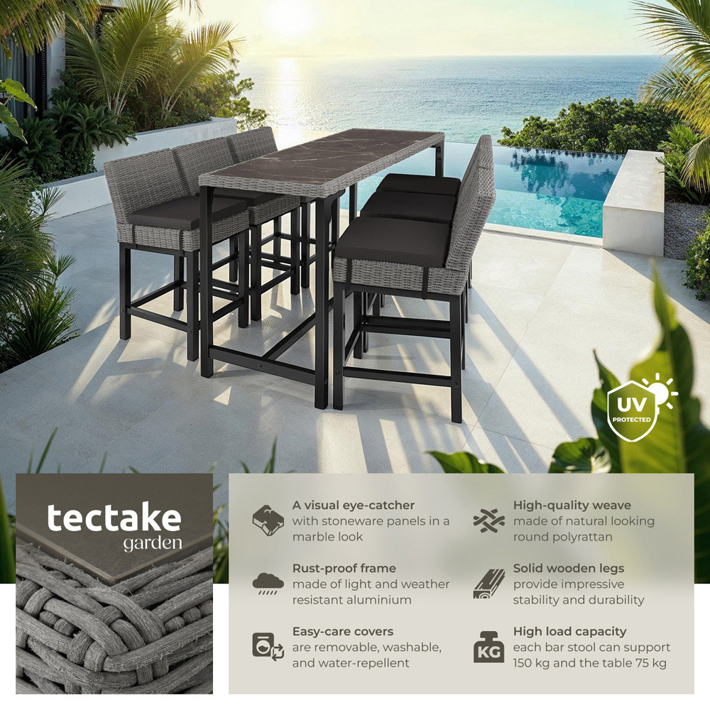 tectake Lovas Latina 6 Seater Poly Rattan Garden Bar Dining Table Grey Image 3