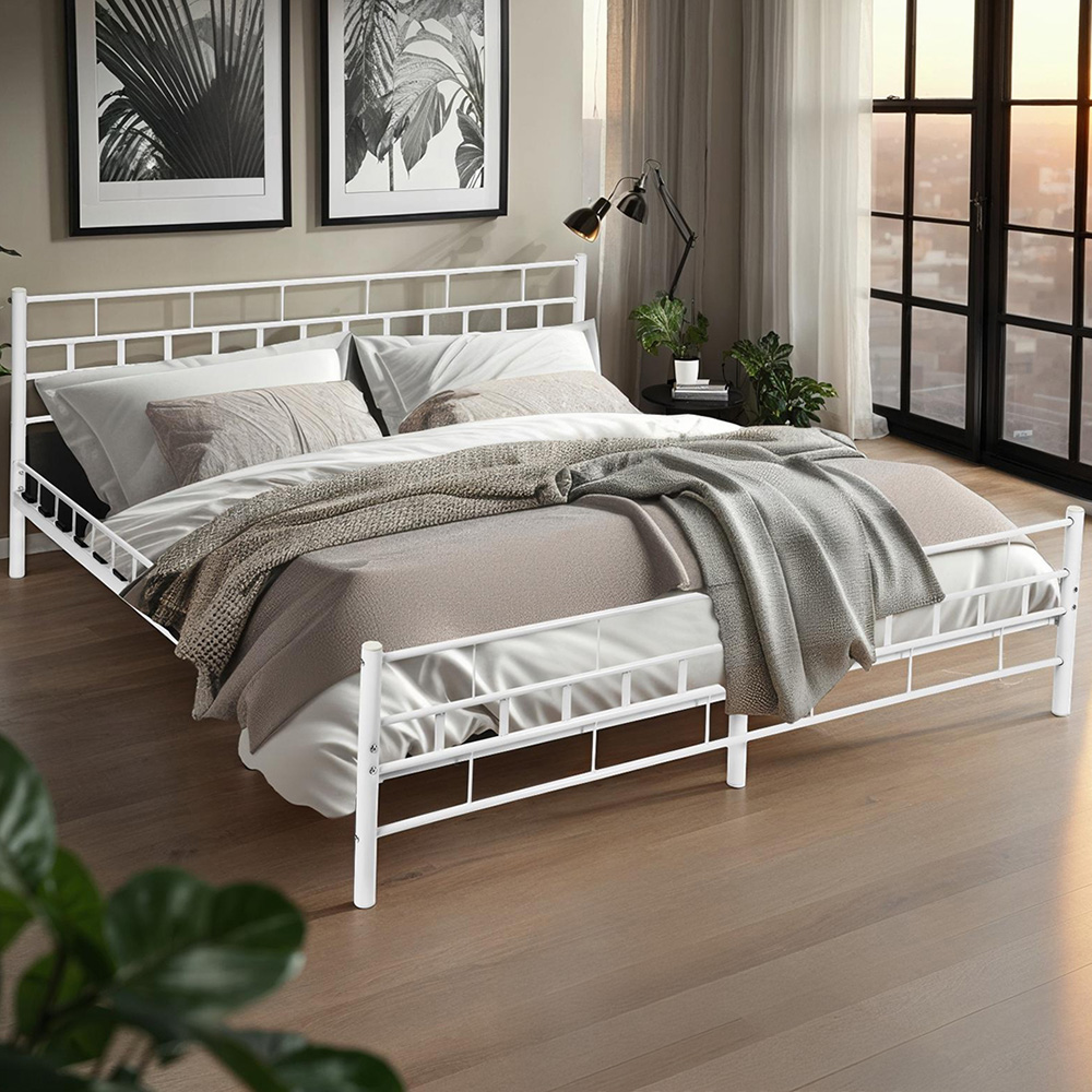 tectake Double White Metal Bed Frame with Slatted Base Image 1