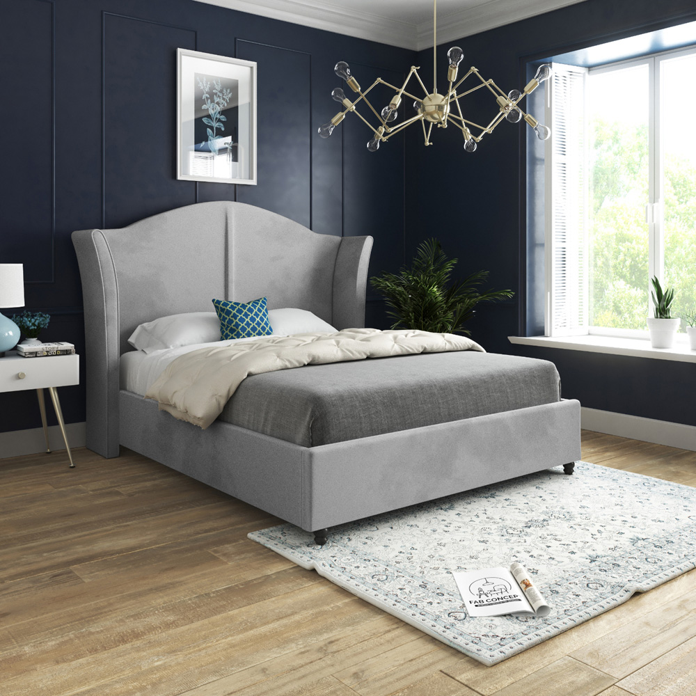 Zampa Super King Size Grey Soft Velvet Upholstered Bed Frame with Curved Winged Headboard Image 5