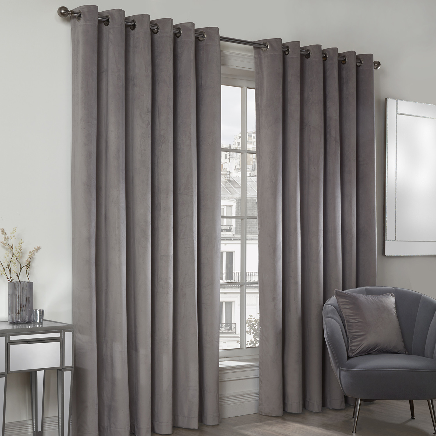 Divante Vermont Silver Velvet Blackout Curtains 168 x 137cm Image 2