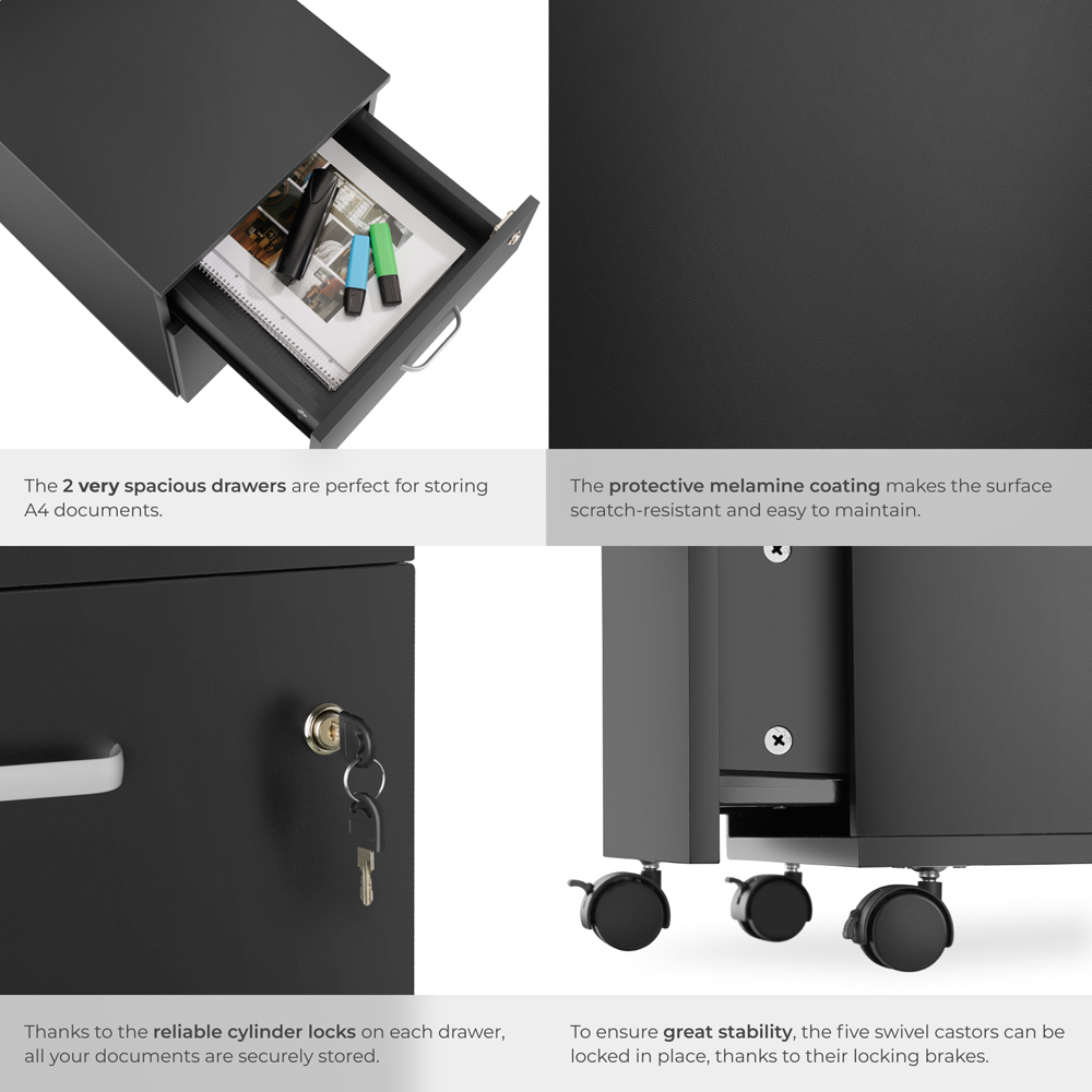 tectake 2 Drawer Black Filing Cabinet with Wheels Image 5