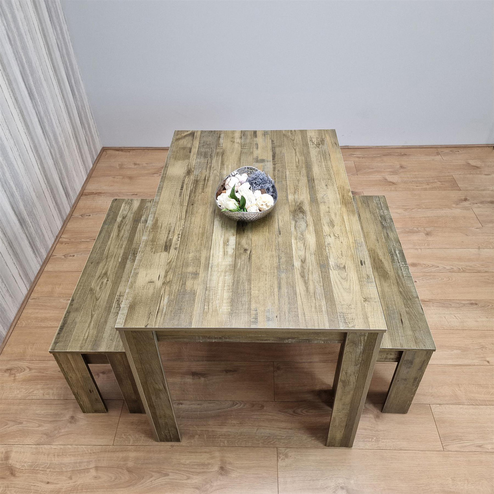 Portland 4 Seater Rustic Effect Dining Table Set with Benches Image 4