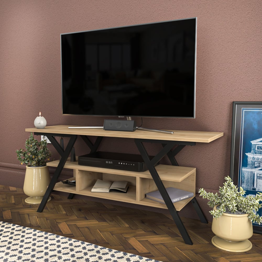 Decorotika Minerva Decorative 4 Open Shelf Black and Oak TV Unit Image 5