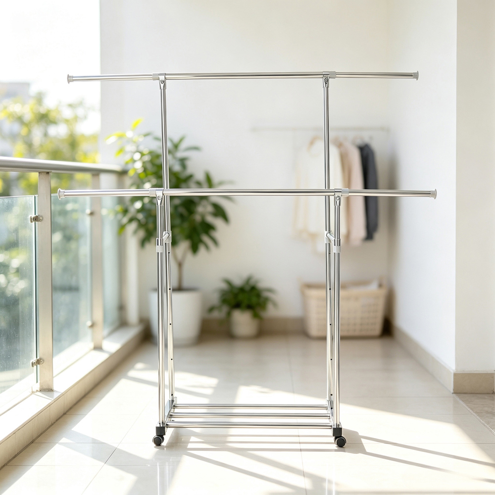 Living and Home Single Shelf Silver Adjustable Double Rail Clothes Rack with Wheels Image 2