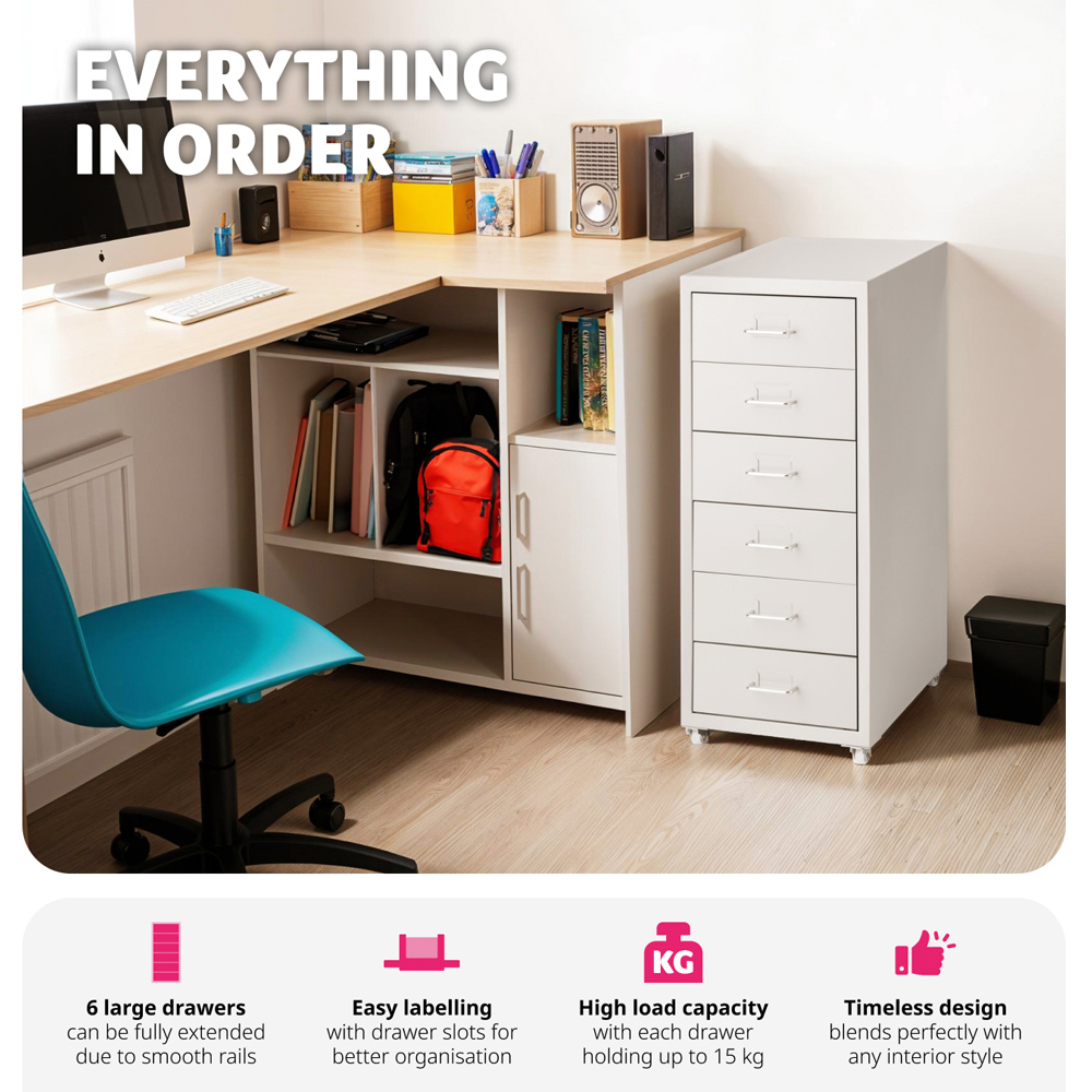 tectake 6 Drawer Light Grey Steel Filing Cabinet Image 4