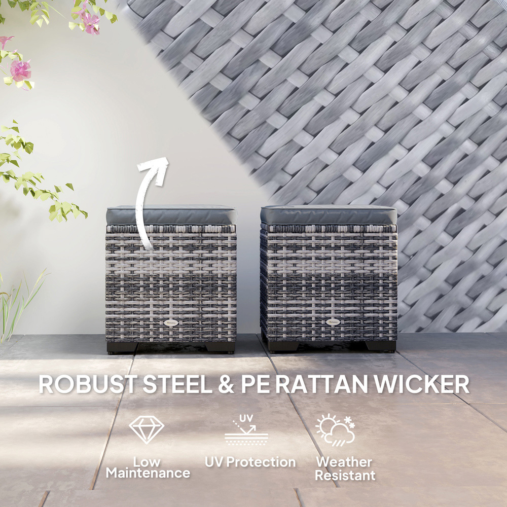 Outsunny Dark Grey Rattan Footstool with Storage Set of 2 Image 6
