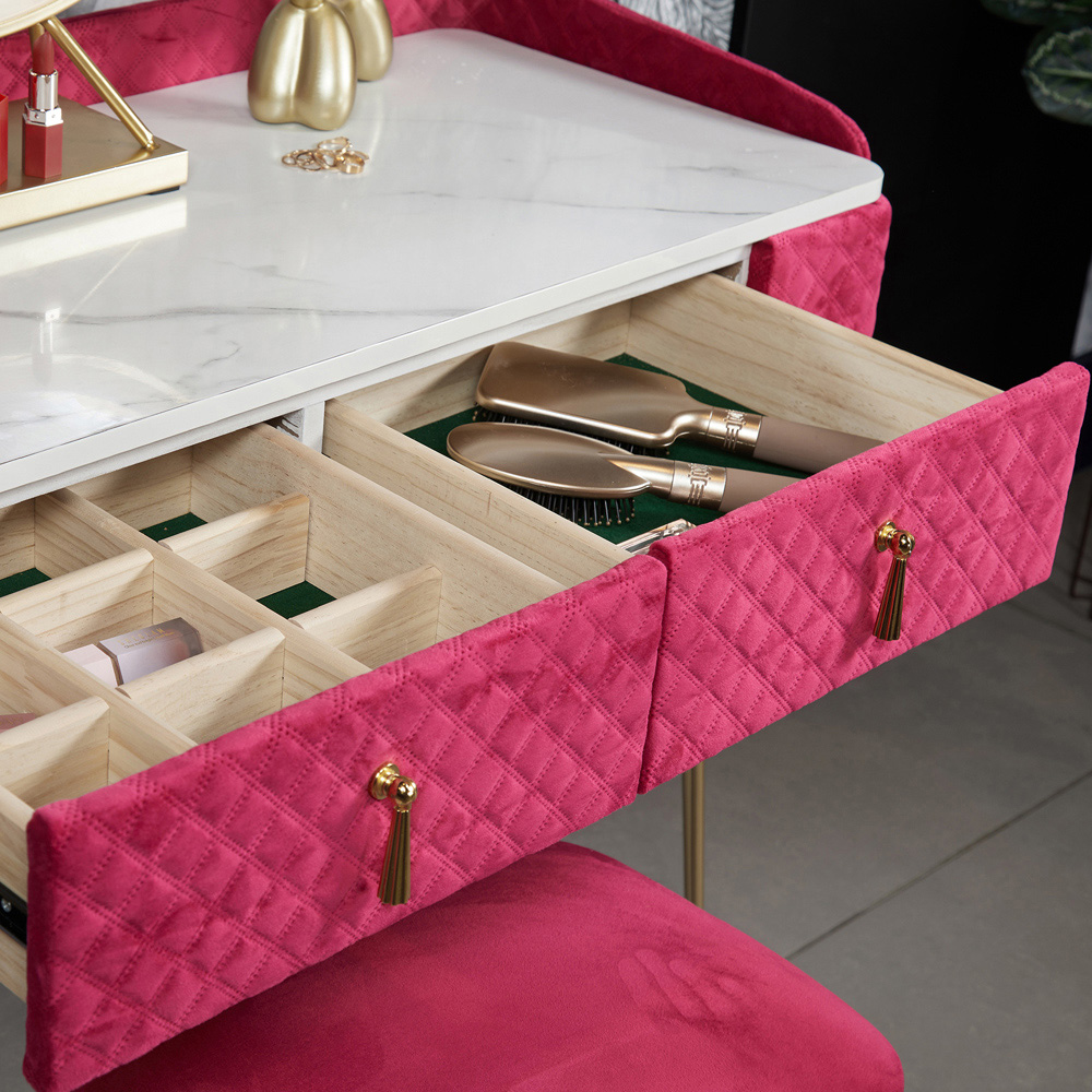 CARME Home Tokyo Glow Raspberry Velvet Dressing Table with Stool Set Image 4