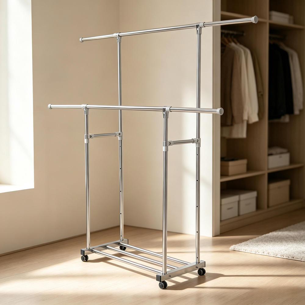 Living and Home Single Shelf Silver Adjustable Double Rail Clothes Rack with Wheels Image 7