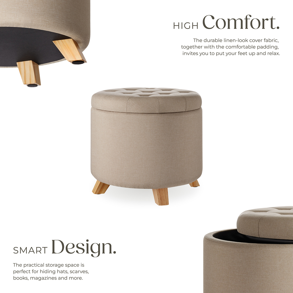 tectake Suna Sand Linen Look Padded Round Stool with Storage Image 3