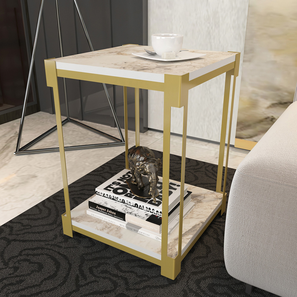 Decorotika Zenas Single Shelf White Marble Effect and Gold Metal Industrial Nightstand Image 4