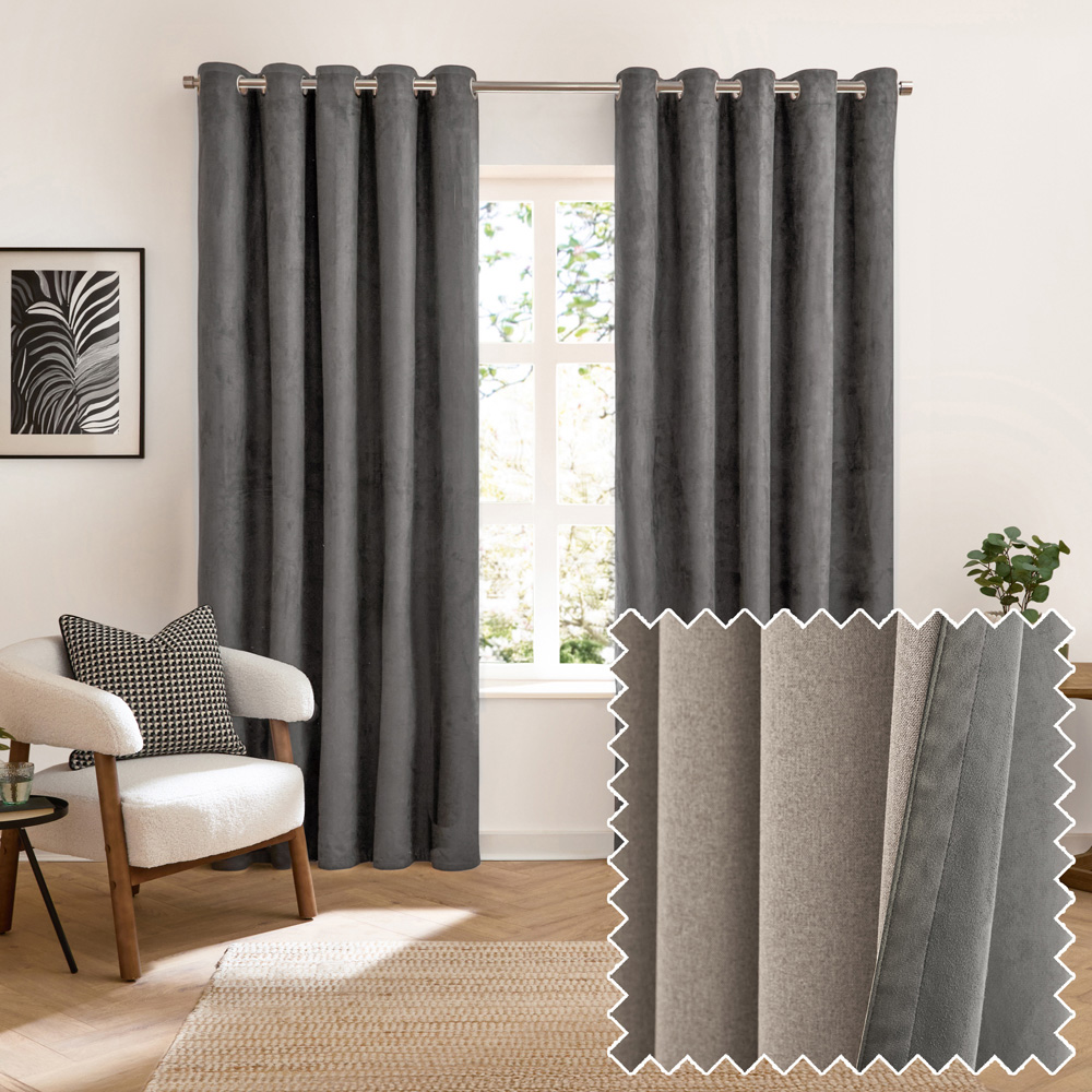 Furn Verso Charcoal Reversible Suede-Look Blackout Eyelet Curtains 229 x 183cm Image 6