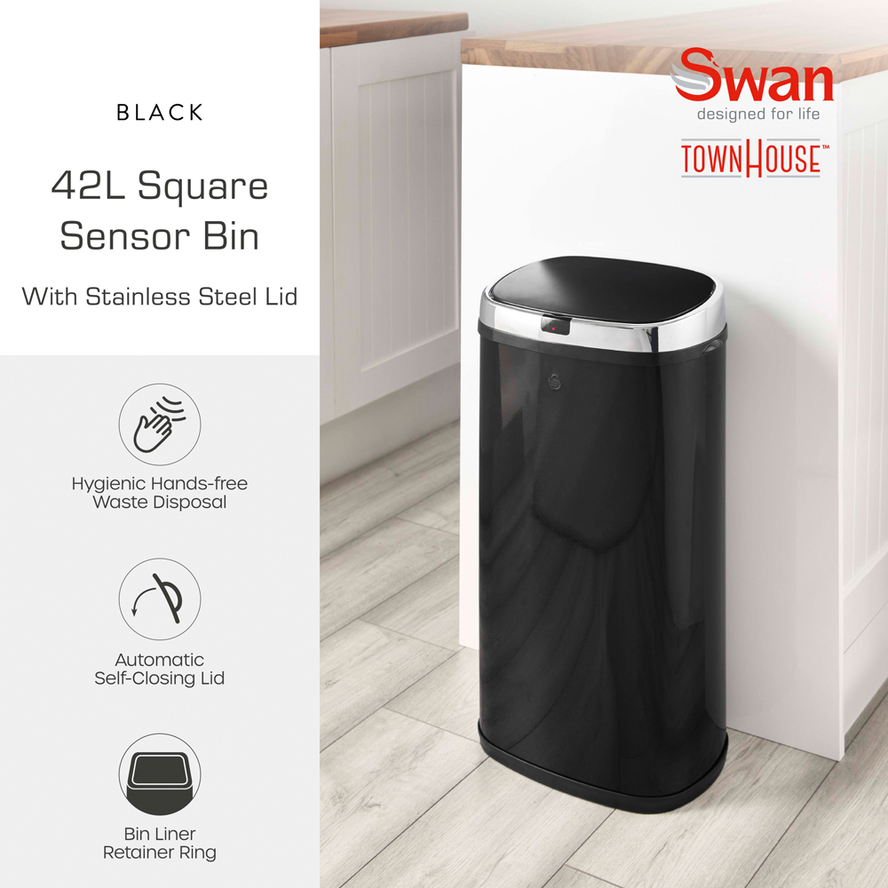 Swan Black Square Sensor Bin 42L Image 2
