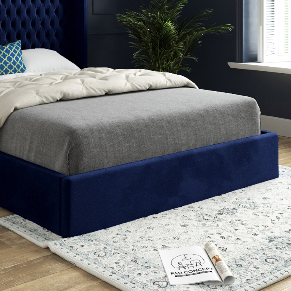 Rana Small Double Blue Soft Velvet Upholstered Bed Frame with Curved Top Winged Headboard Image 4