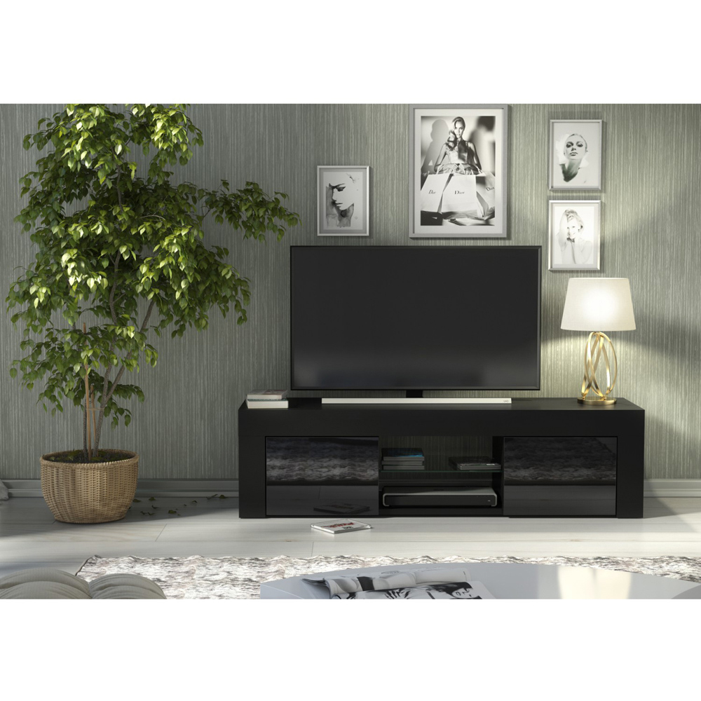 Creative Furniture Loom Black and Black Gloss 2 Door 2 Shelf TV Unit Image 5