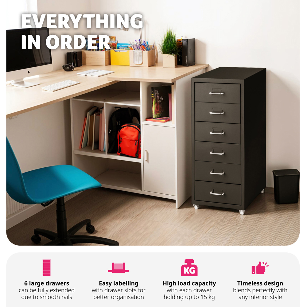 tectake 6 Drawer Black Steel Filing Cabinet Image 4