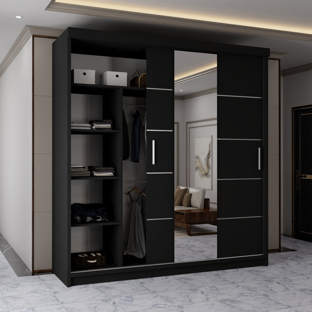 Sliding Wardrobes 4U 2 Sliding Door Black Half Mirrored Wardrobe 203cm Image 3
