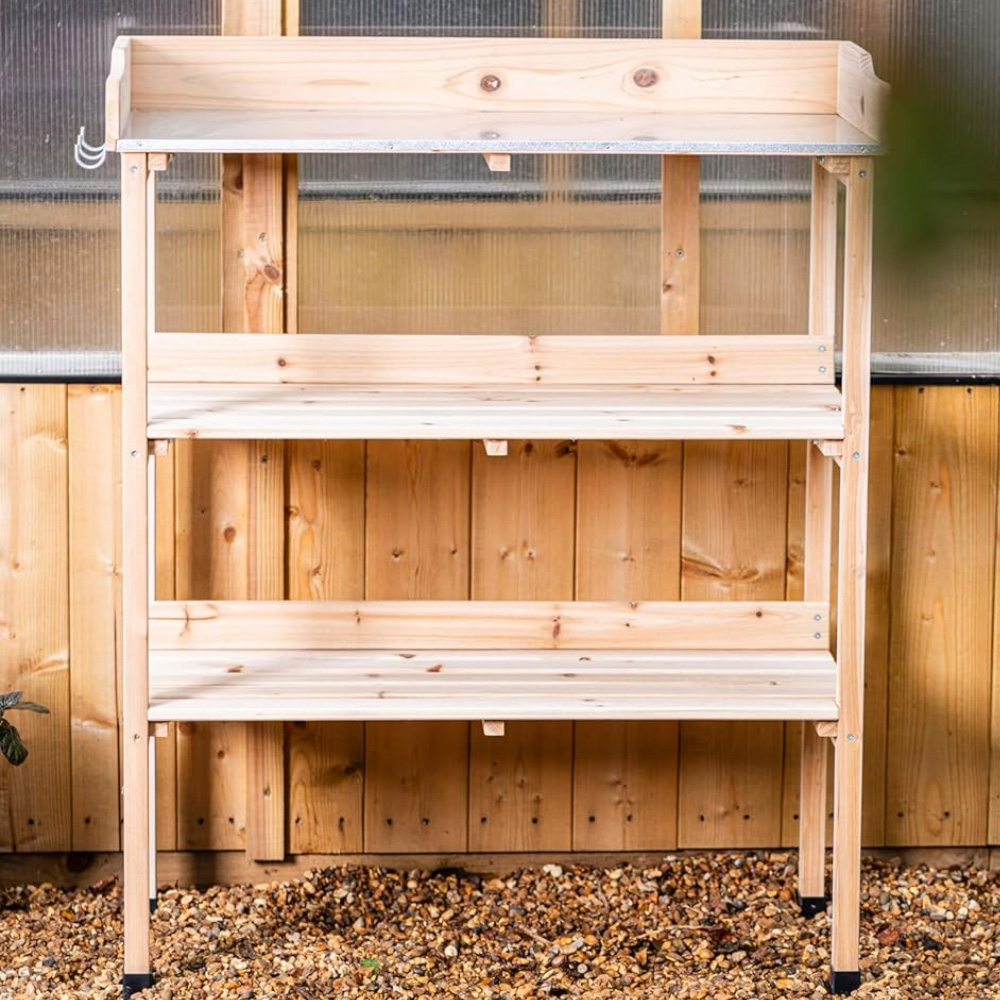 Garden Gear Natural Wooden Potting Bench Table with Galvanised Table Top and Hooks Image 2