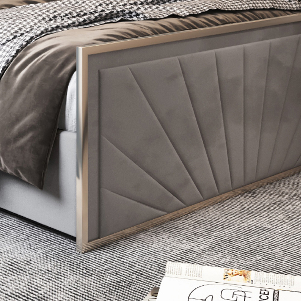 Roxy King Size Grey Soft Velvet Upholstered Metal Bed Frame with Chevron Headboard Image 4