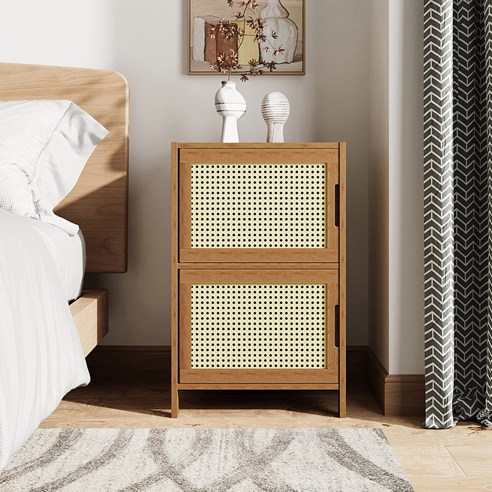 Living and Home 2 Door Natural Wooden Rattan Bedside Table Image 7