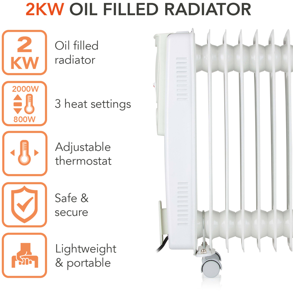 Warmlite 9 Fin White Oil Filled Radiator with Adjustable Thermostat 2000W Image 2