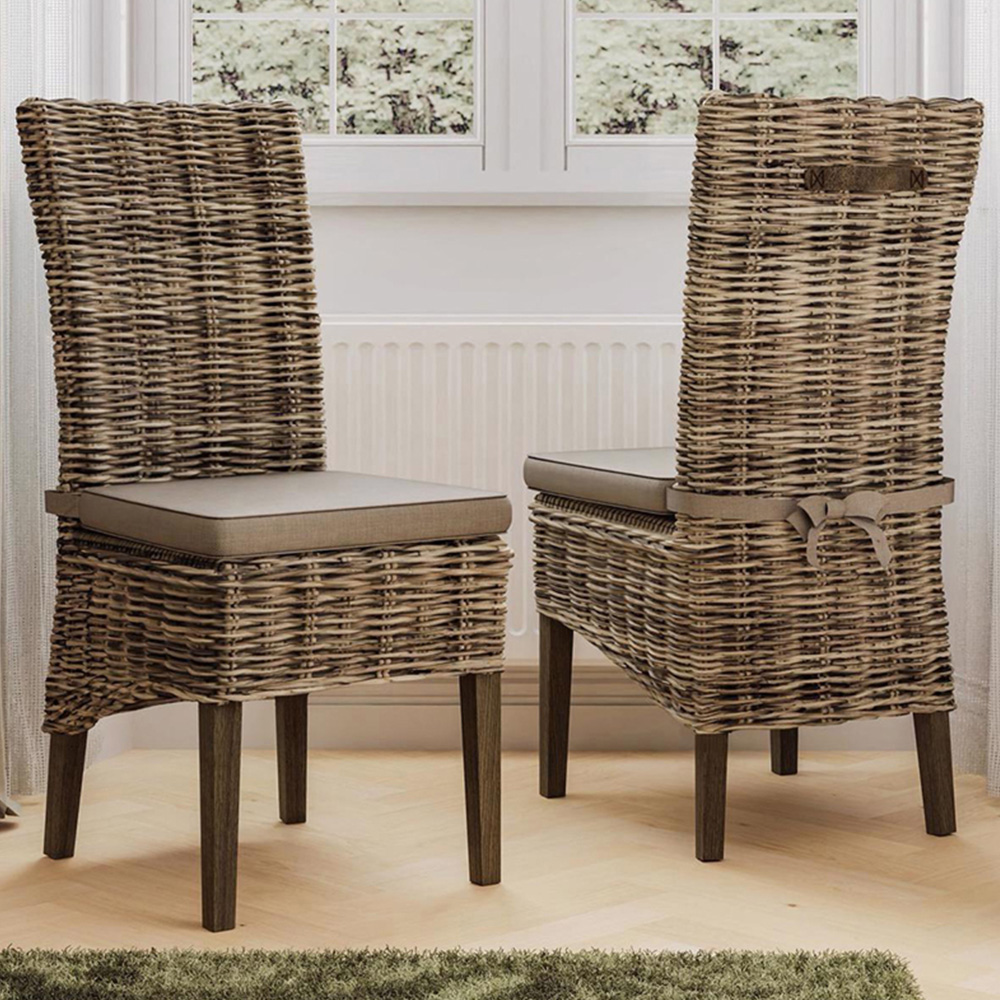 FWStyle Maya Set of 2 Grey Wash Kubu Rattan Solid Pine Handmade Dining Chairs Image 1