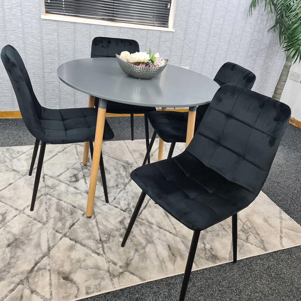 Portland Rocco 4 Seater Round Velvet Dining Set Grey and Black Image 2