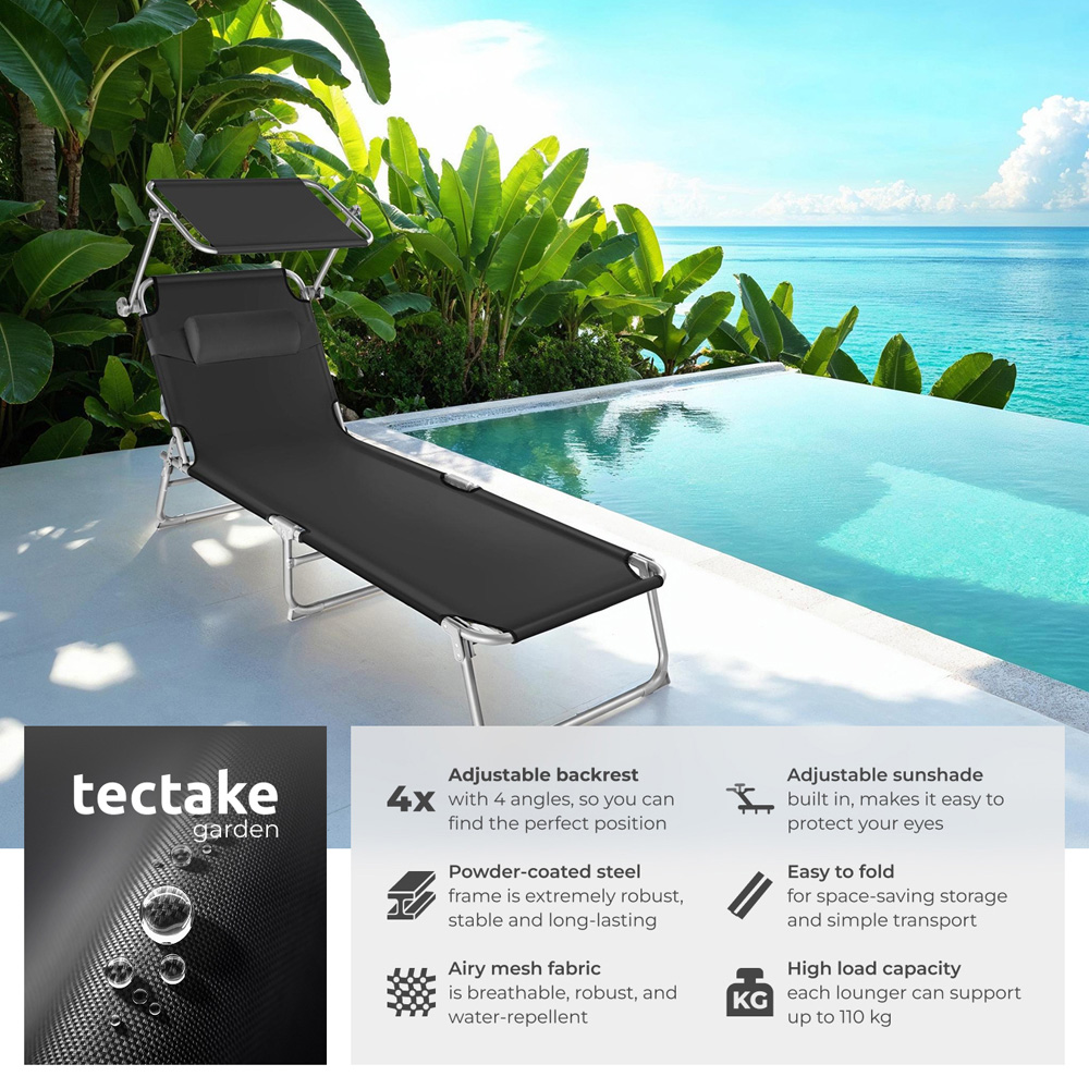 tectake Chloé Set of 2 Black 4 Step Backrest Sun Lounger with Head Cushion Image 6