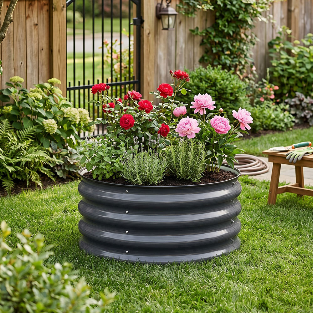 Living and Home Grey Round Metal Raised Garden Bed with Open Bottom 60 x 30cm Image 3