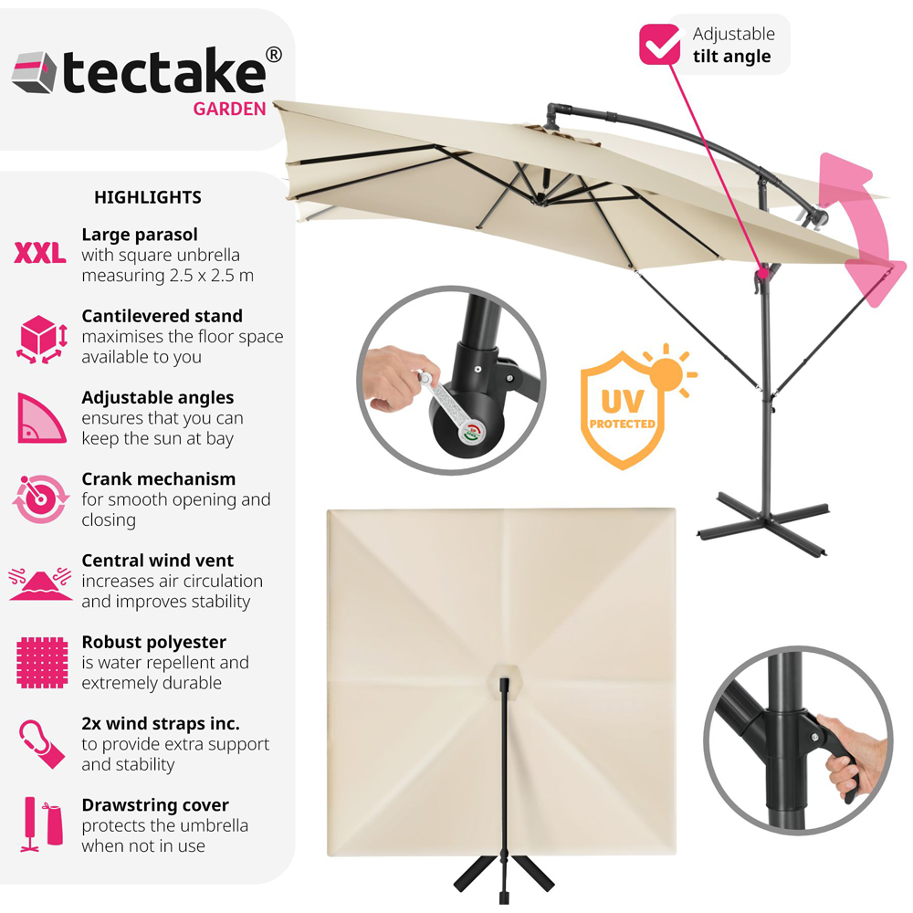 tectake Apollo Beige Adjustable Tilt Cantilever Parasol 2.5 x 2.5m Image 6