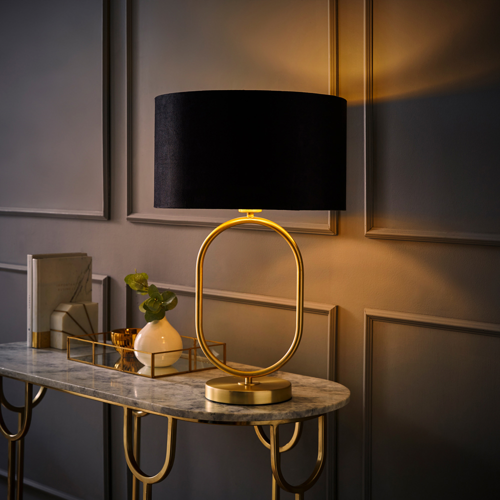 ValueLights Antonia Black Velvet and Gold Drum Shade Brushed Gold Oval LED Table Lamp Image 6