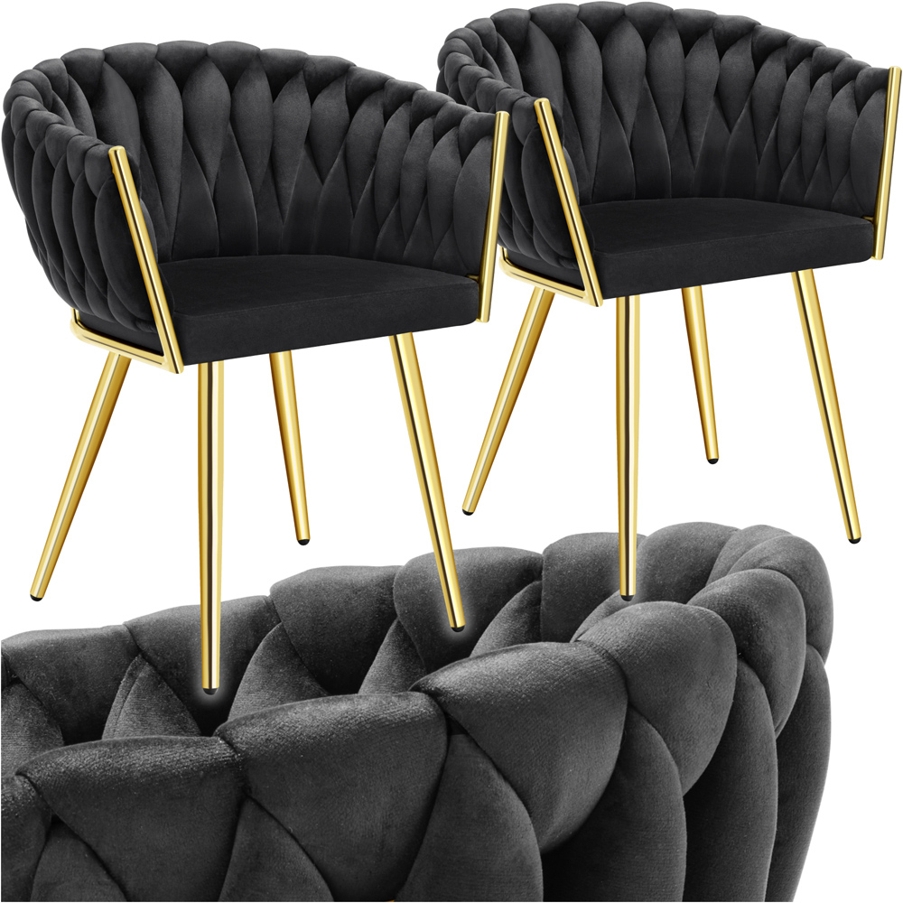 tectake Astano Set of 2 Black and Gold Velvet Padded Knot Design Dining Chair Image 2