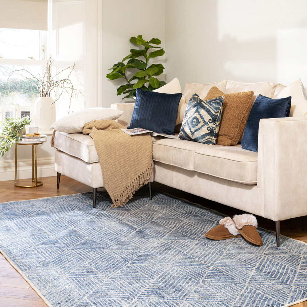 Kukoon Geometric Distressed Denim Blue Washable Rug 200 x 290cm Image 2
