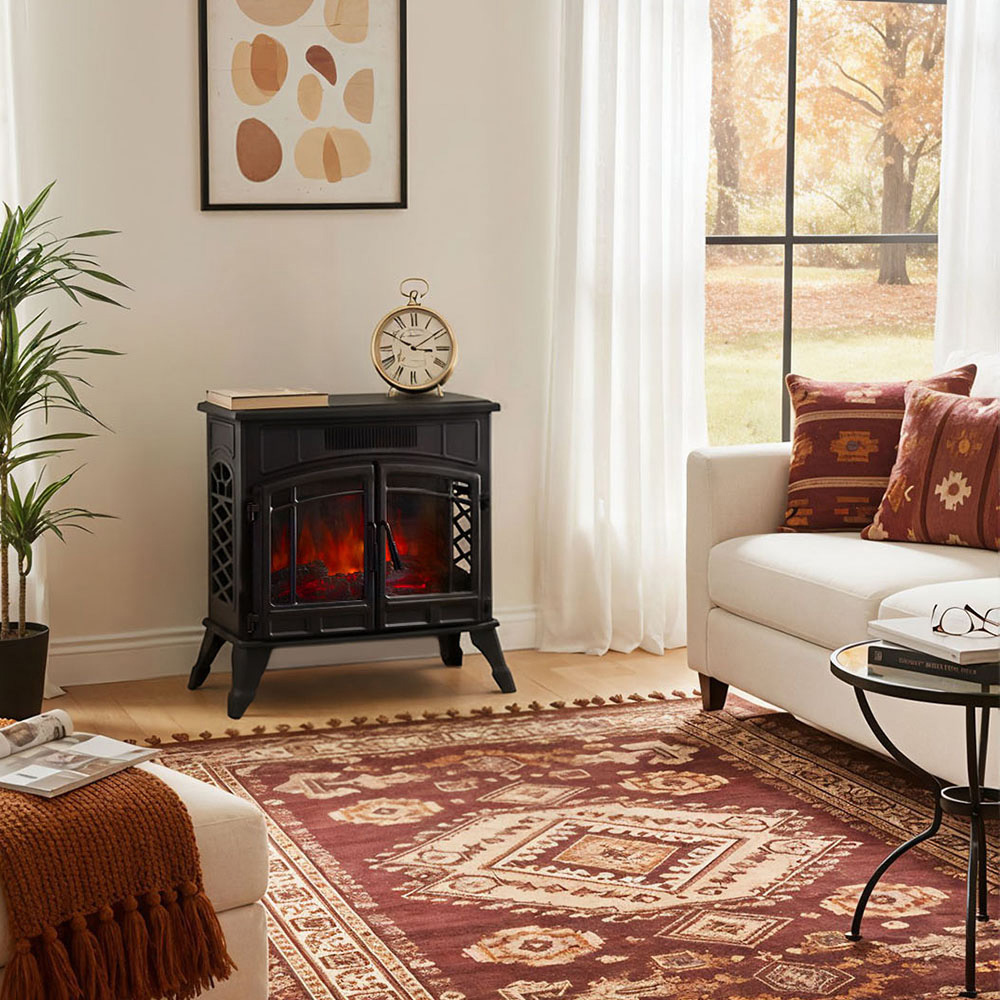 Living and Home 12 Flame Colour 3-Sided Dual-Door Black Electric Fireplace Heater 1800W 23 inch Image 7