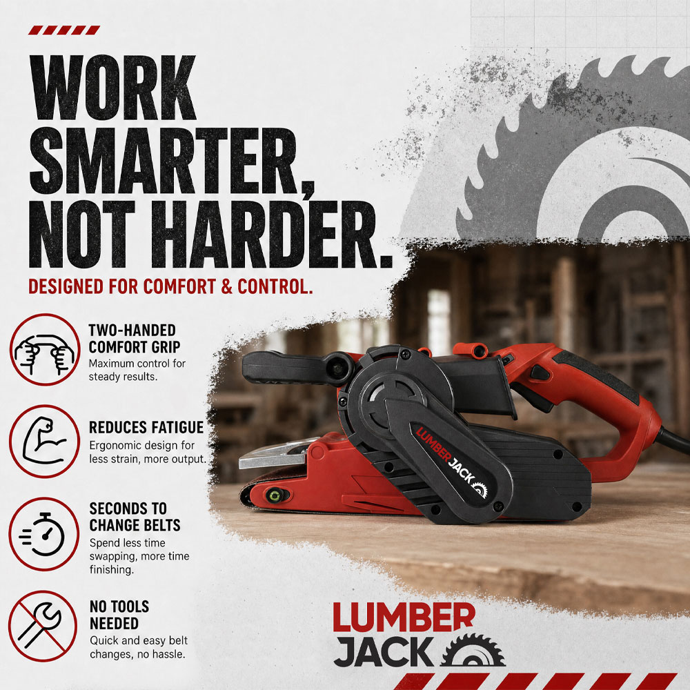 Lumberjack EBS76 230V 1010W Red Electric Belt Sander with Dust Bag and Sanding Belts 76 x 533mm Image 4