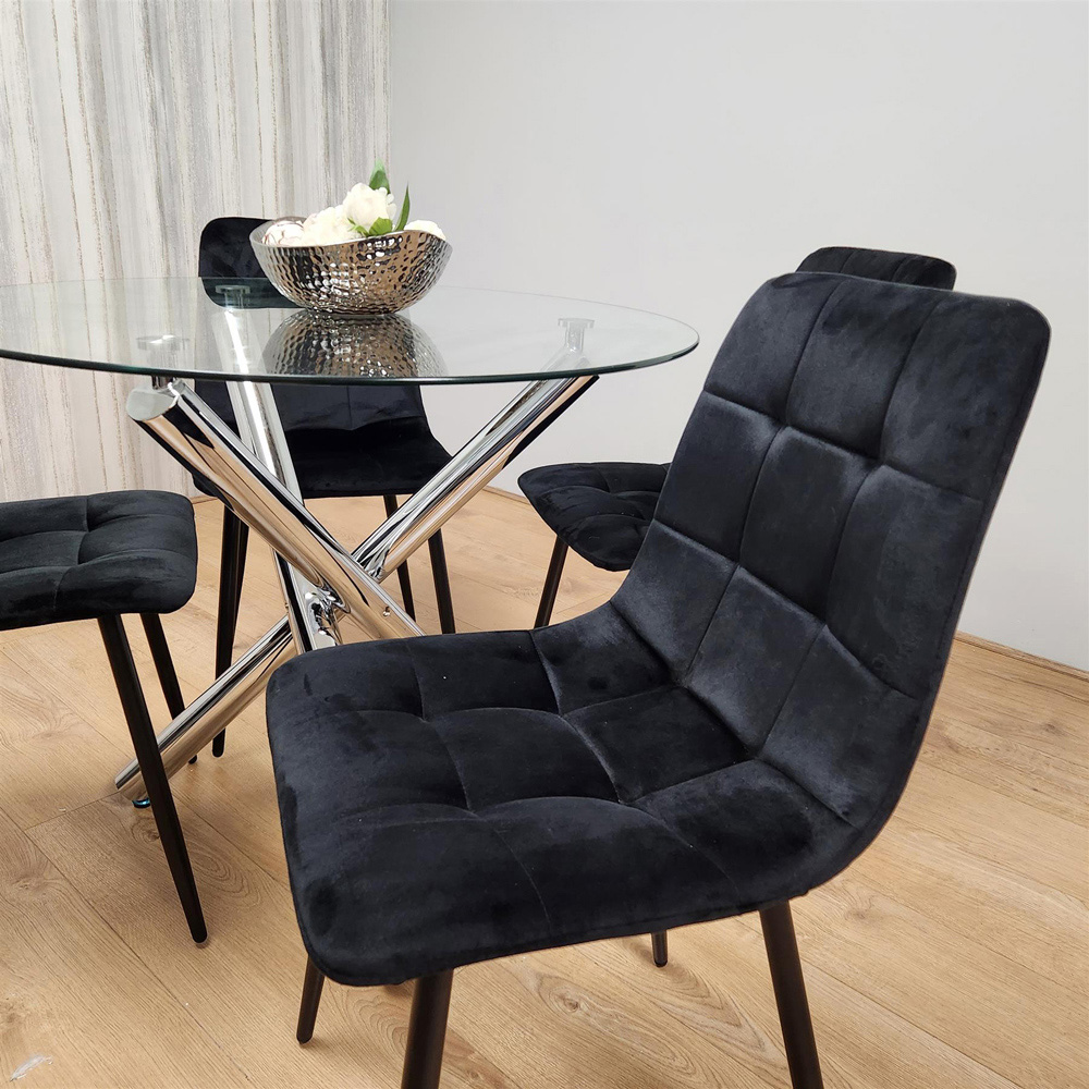 Portland 4 Seater Velvet Clear Glass Round Dining Set Black Image 6
