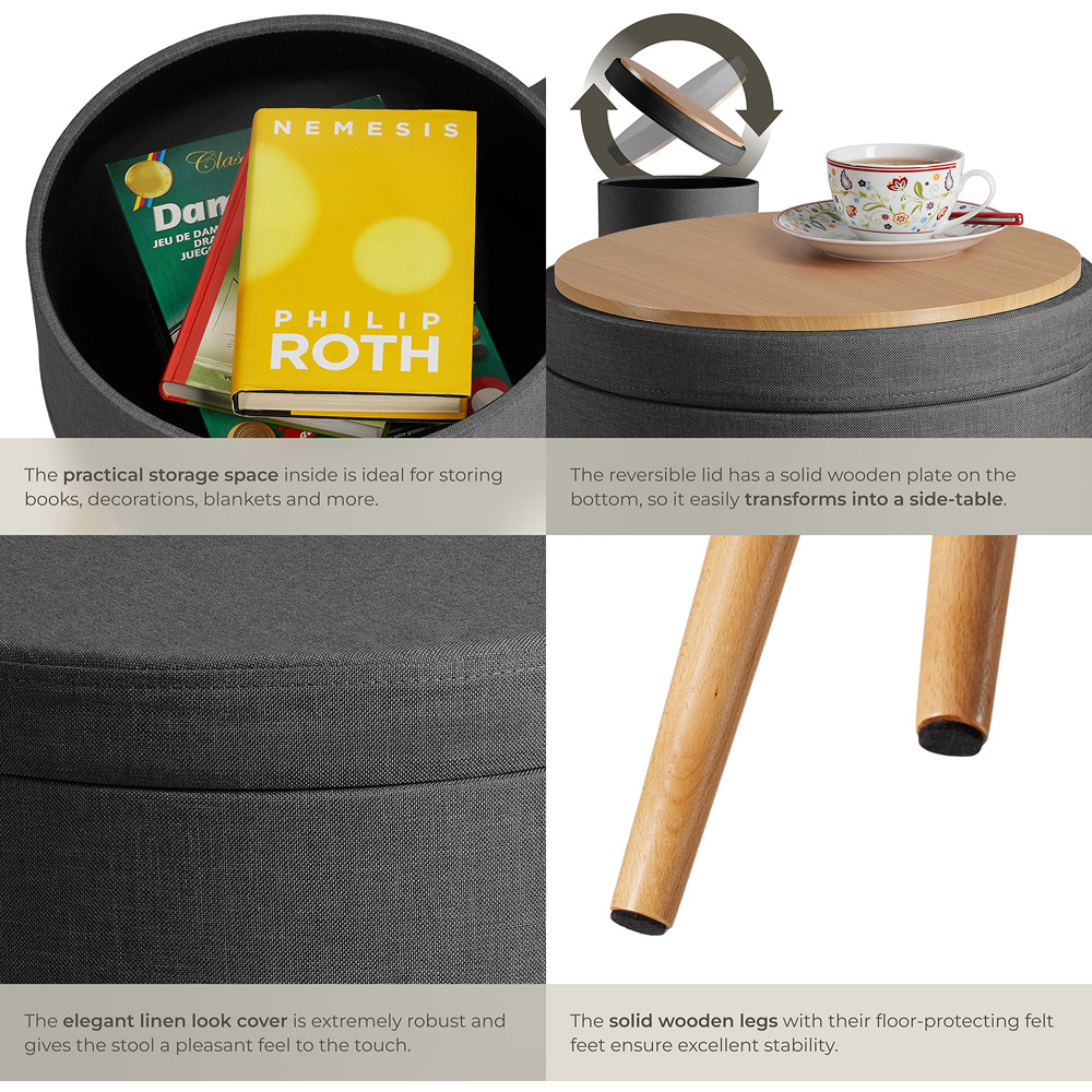 tectake Yara Dark Grey Linen Look Padded Round Stool with Storage Image 5