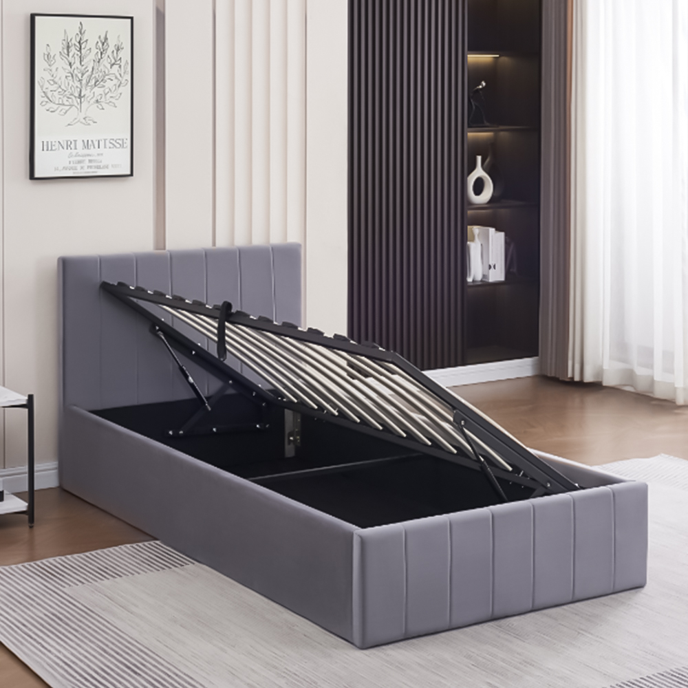 Portland Single Grey Line Pattern Velvet Ottoman Bed Image 3