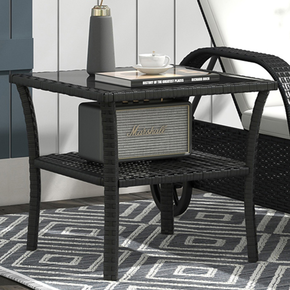 Outsunny Single Shelf Black Rattan Coffee Table with Glass Top Image 1