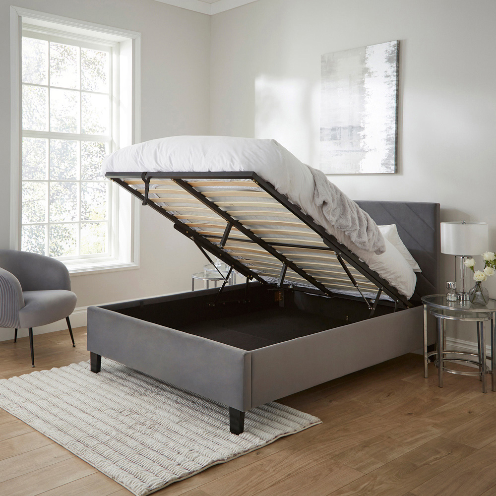 GFW Thea Double Grey Velvet End Lift Ottoman Bed with Chevron Headboard Image 7