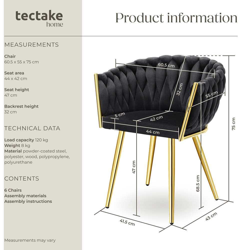 tectake Astano Set of 6 Black and Gold Velvet Padded Knot Design Dining Chair Image 9