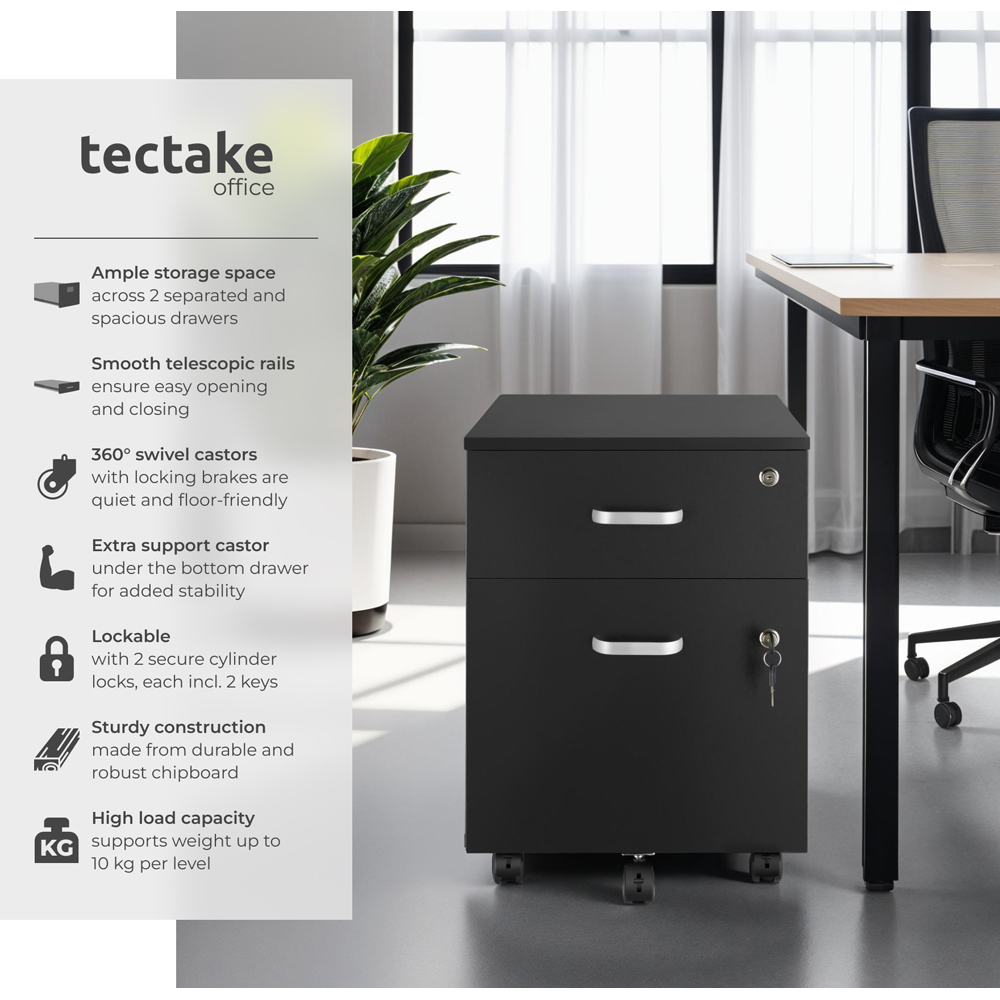tectake 2 Drawer Black Filing Cabinet with Wheels Image 6