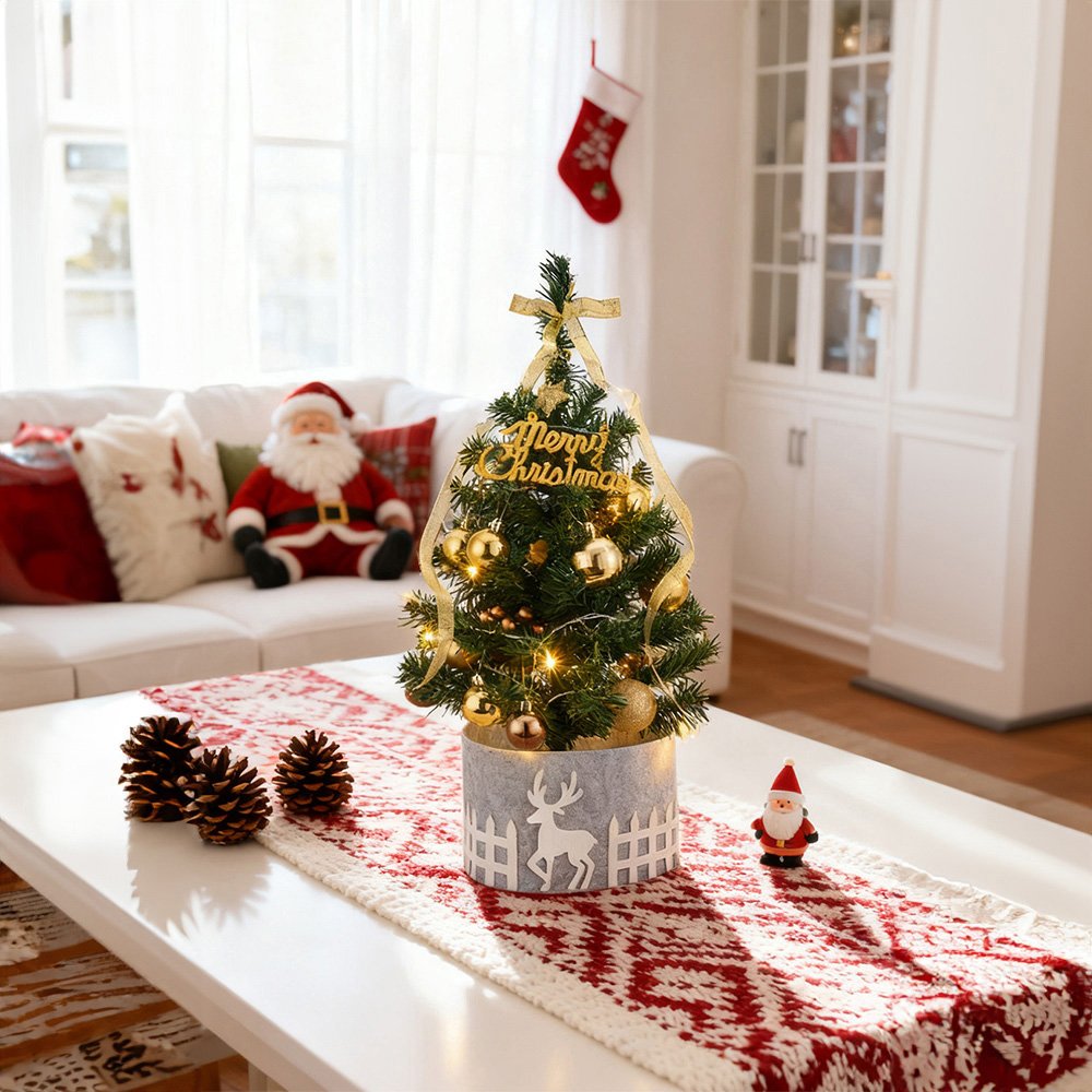 Living and Home Golden Ornaments and Star Topper Mini Christmas Tree with LED String Light 1.9ft Image 2