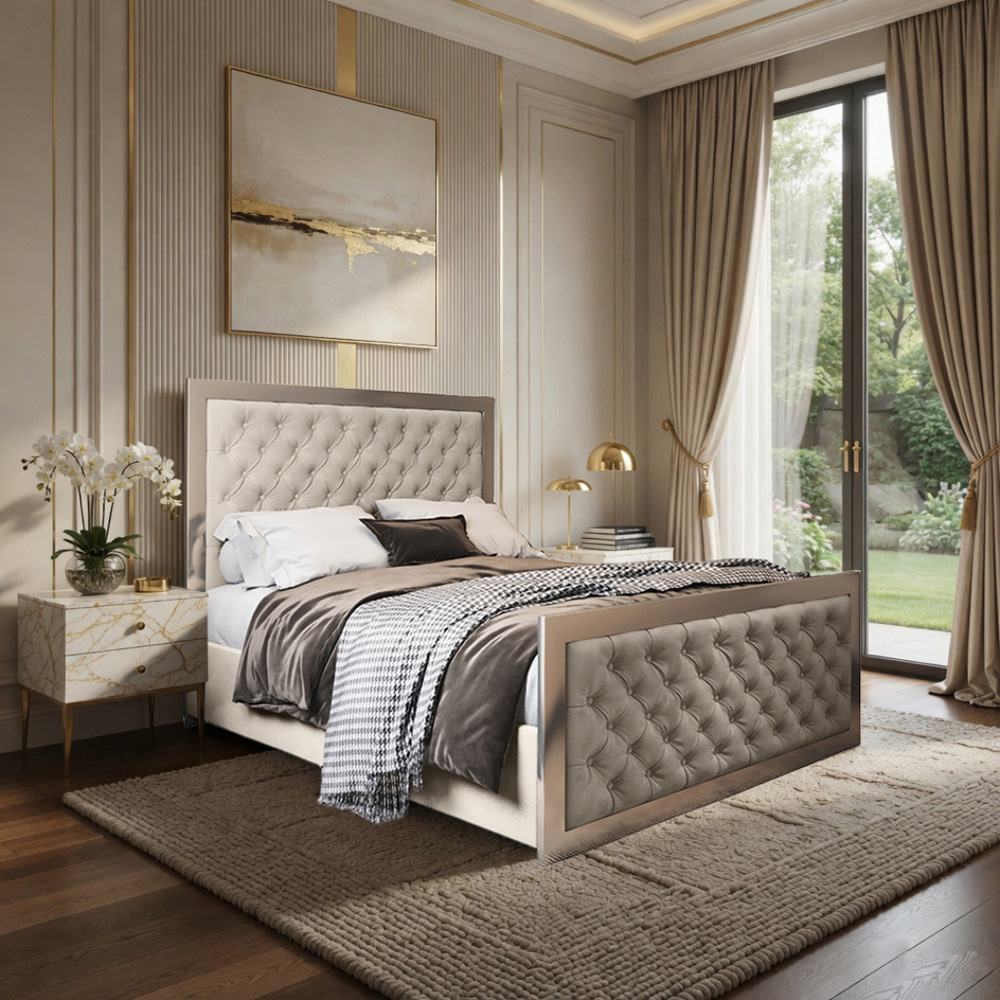 Maddison Silver Double Velvet Upholstered Metal Bed Frame with Padded Headboard Image 5