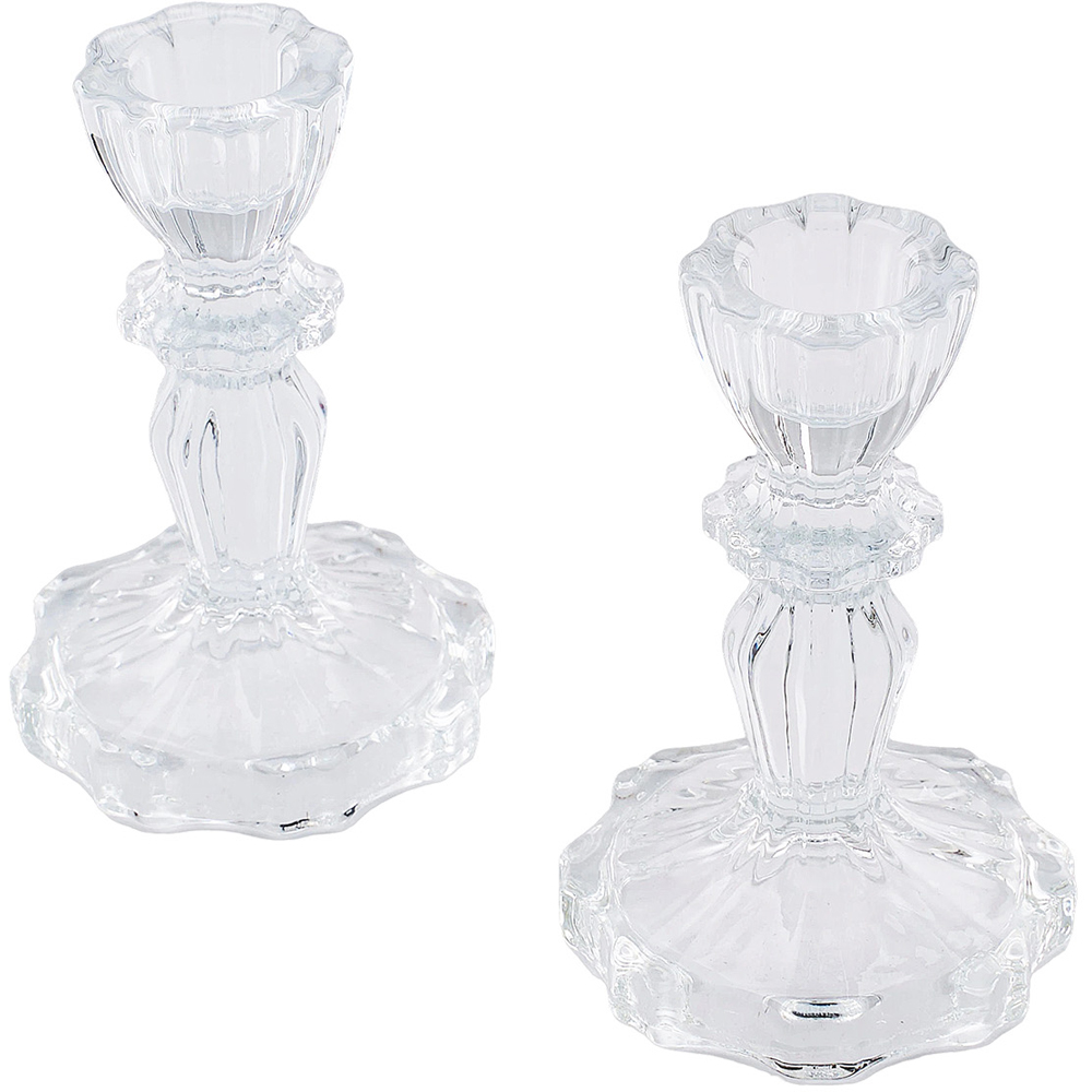 Living and Home Clear Glass Wide Base Candlestick Holder Set of 2 Image 4