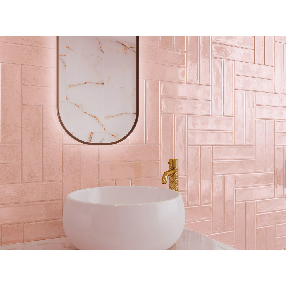 Top Ceramics Powder Pink Gloss Flat Bumpy Metro Ceramic Wall Tile 300 x 75mm Image 4