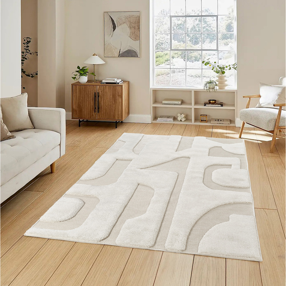 Freya Living Room Area Rug Contemporary 3D Embossed Modern Boho Design - Cream 120cm x 170cm Image 2