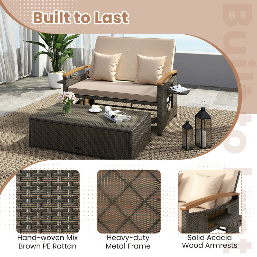 Costway 2 Seater Rattan Woven Daybed with Storage Ottoman Image 8