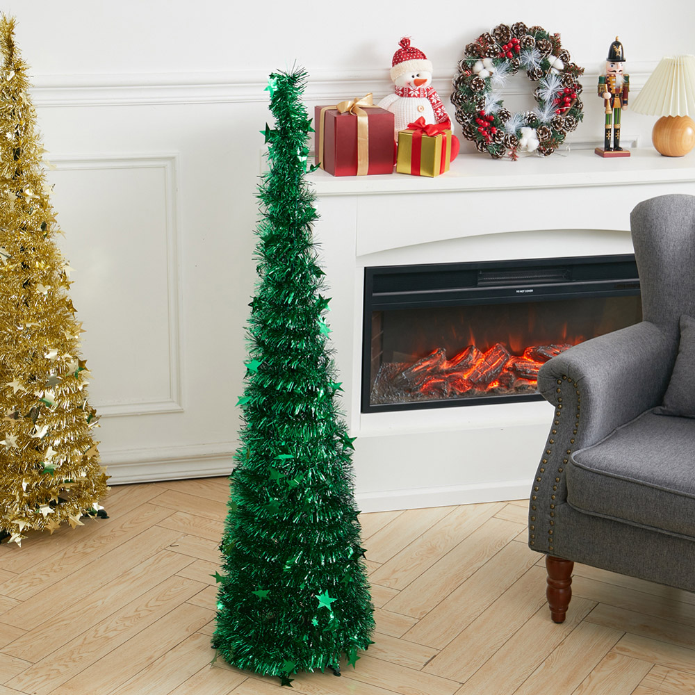 Living and Home Green Pop Up Tinsel Christmas Tree with Base 4ft Image 2