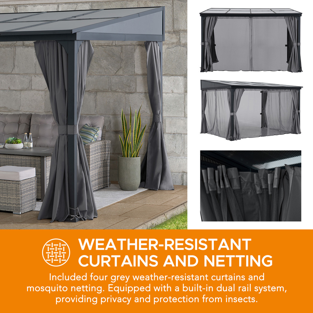 Sunjoy 3.6 x 3m Wall Mounted Lean to Gazebo with Grey Curtain and Netting Image 3