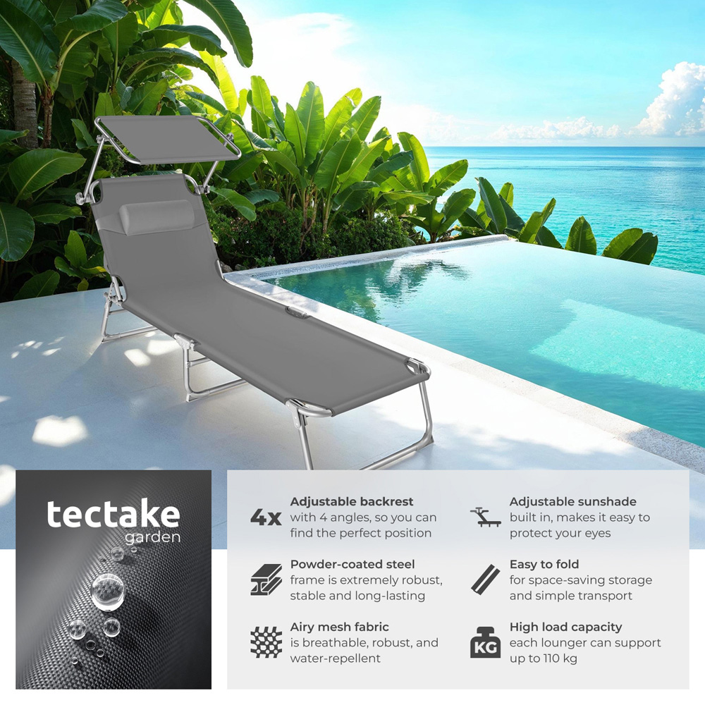 tectake Chloé Set of 2 Grey 4 Step Backrest Sun Lounger with Head Cushion Image 6